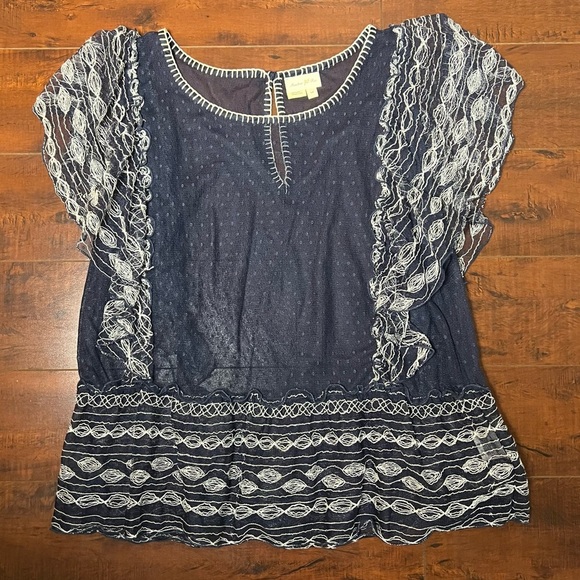 ANTHROPOLOGIE Meadow Rue Sloane Blouse Navy Sheer Dotted Mesh Top Size Large P - Picture 4 of 10